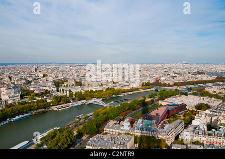Aerial panoramic view of Paris and Seine river as seen from Eiffel Tower in Paris, France. Stock Photo