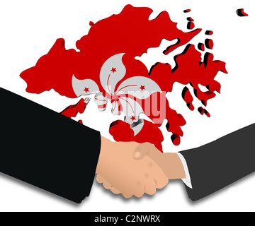 people shaking hands with Hong Kong map flag illustration Stock Photo