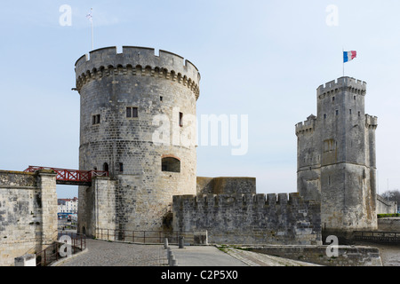 Tour de la Chaine and Tour St Nicolas at the entrance to the harbour, La Rochelle, Poitou Charentes, France Stock Photo