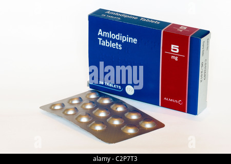 A packet and blister pack of Amlodipine blood pressure tablets Stock Photo