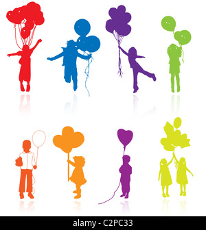 Colored reflecting silhouettes of playing, jumping children with balloons. Stock Photo