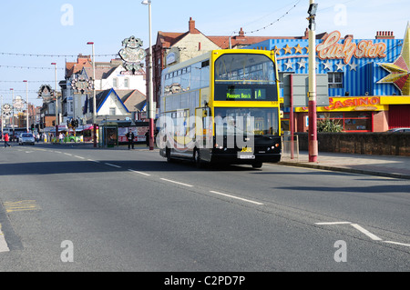 Double Decker Bus on Blackpool Promenade Road. Stock Photo