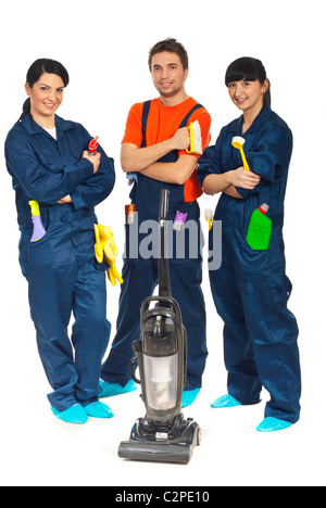 Team of workers people in a row offering cleaning service isolated on white background Stock Photo
