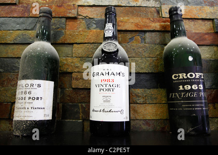 Dust covered bottles of vintage port wine stand on a shelf in Porto, Portugal. Stock Photo