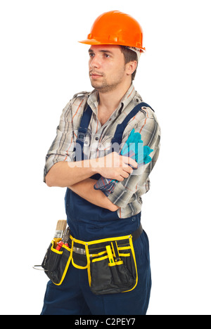 Workman looking away and thinking in perspective isolated on white background Stock Photo