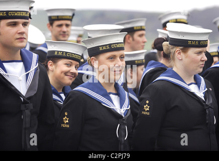 Members of HMS Cumberland's crew prepare to leave the ship after a 7 month deployment. Stock Photo