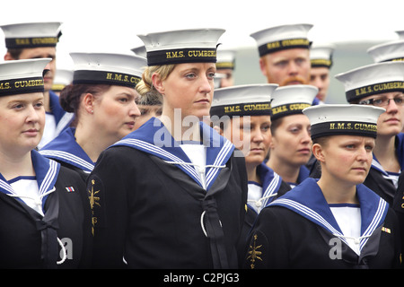 Members of HMS Cumberland's crew prepare to leave the ship after a 7 month deployment. Stock Photo