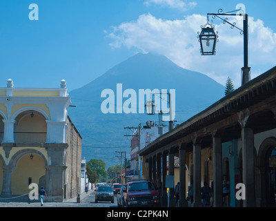 A view of 'Volćan de Aqua' or 'Volcano of Water' from the central part of the city of Antigua, Guatemala. Stock Photo