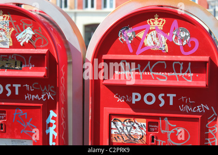 Two red mailboxes smudged all over in Copenhagen,Denmark Stock Photo