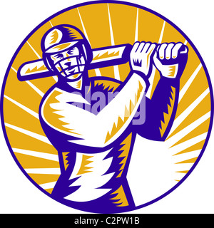 illustration of a cricket batsman batting front view done in retro woodcut style set inside circle Stock Photo