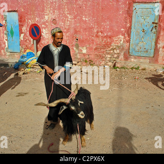 Farmer with long horned goat in Immouzzer, Morocco Stock Photo