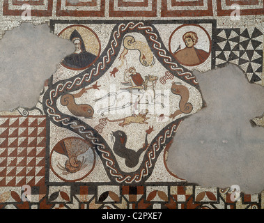 Lullingstone Roman Villa. Mosaic Floor in Audience Room: Bellerophon riding Pegasus and spearing Chimaera. Stock Photo