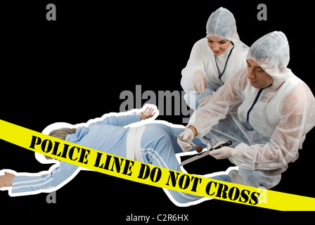 Crime scene:Two criminologists in white protective outfit satisfied because funded the evidence of crime,woman pointing Stock Photo