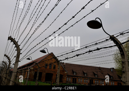 View of the electric fences dividing blocks of different camp sections at Auschwitz  concentration camp in Poland Stock Photo