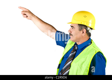 Senior architect man pointing to upwards isolated on white background ,copy space for text Stock Photo