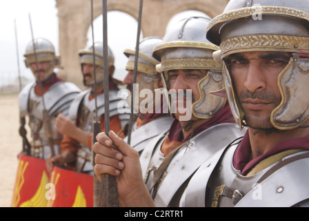 Jerash, Northern Jordan: Legionaries from the Roman Army and Chariot Experience stand in formation. Stock Photo