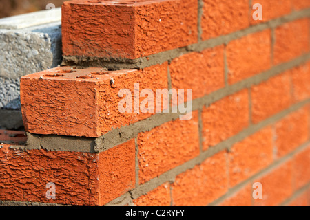 bricklaying wall red house bricks facing half cement breeze blocks building a block retaining wall in the uk Stock Photo