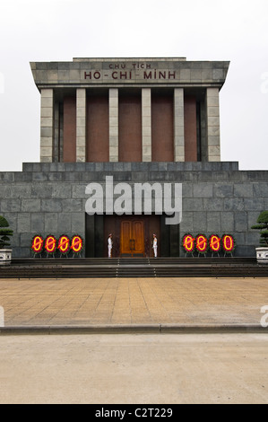 Vertical wide angle of guards outside Ho Chi Minh's Mausoleum in Ba Dinh Square. Stock Photo