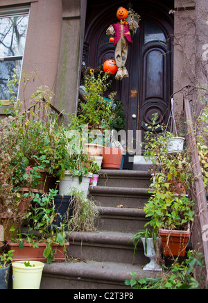 Halloween display in front of a brownstone in Brooklyn, New York Stock Photo