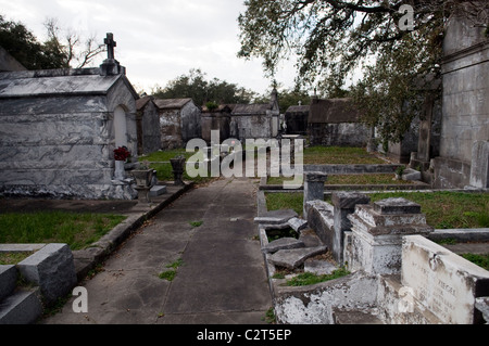 Row of mausoleums in oldest part of a New Orleans cemetery. Lakelawn Memorial. Stock Photo