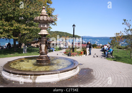 Fountain splashes along the harbor walk in Bar Harbor Park, Maine. Stock Photo