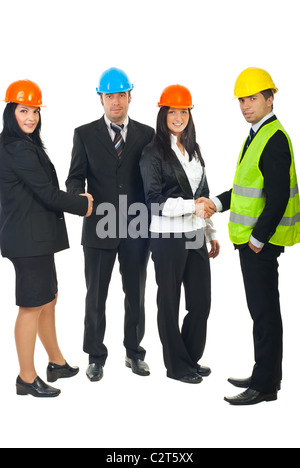 Two teams of architects shaking their hands isolated on white background Stock Photo