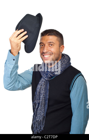Young man raising his hat in respect and admiration for someone isolated on white background