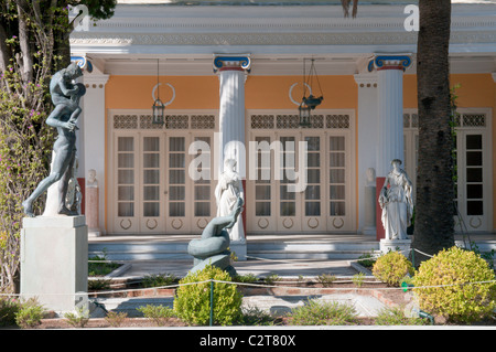 Corfu, Greece. October. The Achilleio or The Achillion Palace. Statues of some of the Nine Muses beside the pillars. Stock Photo