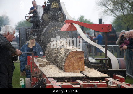 Men demonstrating the Cutting of wood with Tractor driven Rack Saw   Old Working Farm Machinery Stock Photo