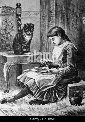Girl spoon-feeding a kitten, historical illustration, circa 1886 Stock Photo