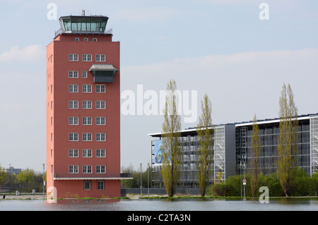 Landmarked tower of the old airport Munich Riem, Germany, Europe. Today it is used as an office building. Stock Photo