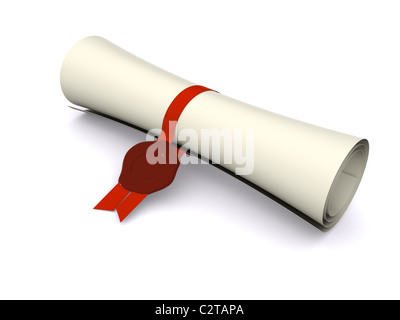 diploma in scroll on white. 3d Stock Photo