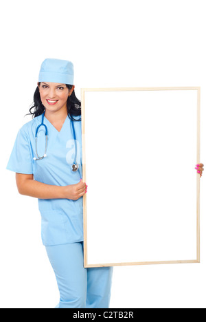Happy Female Surgeon Holding Placard. Isolated On White Stock Photo - Alamy