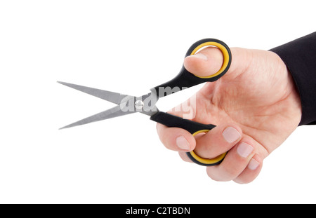 Scissors in hand isolated on white background Stock Photo