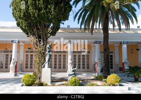 Corfu, Greece. October. The Achilleio or The Achillion Palace. Statues of some of the Nine Muses beside the pillars. Stock Photo