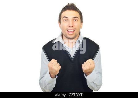 Cheering young man showing his fists isolated on white background Stock Photo