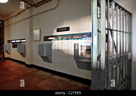 Prisoner visitation windows at the former Alcatraz Federal Prison in San Francisco Bay, CA. It is now a tourist attraction. Stock Photo