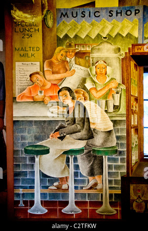 Created in 1934 by artist Frede Vidar a fresco depictis Great Depression-era women at a department store lunch counter. Stock Photo