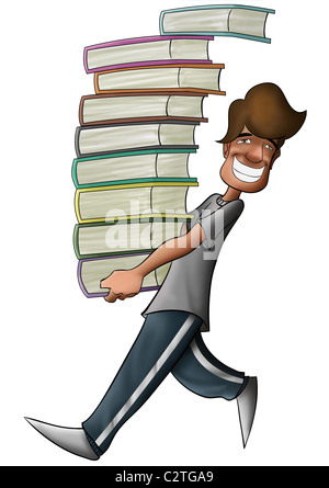 smiling boy carrying a lot of books going to study Stock Photo