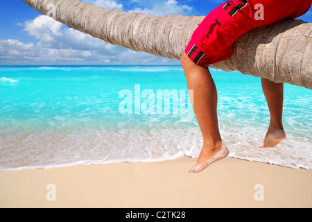 Caribbean inclined palm tree beach trunk sitting tourist legs Stock Photo