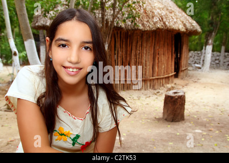 Mexican indian Mayan latin girl in jungle cabin house Mexico Stock Photo