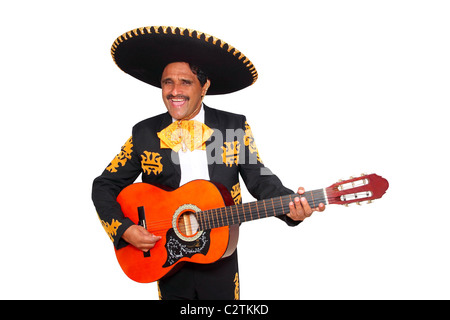 Charro mexican Mariachi playing guitar isolated on white Stock Photo