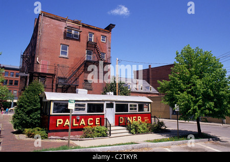 The Palace Diner located in Biddeford, Maine. 1926 Pollard Diner. Red porcelain enamel exterior 'Ladies Invited.' Stock Photo