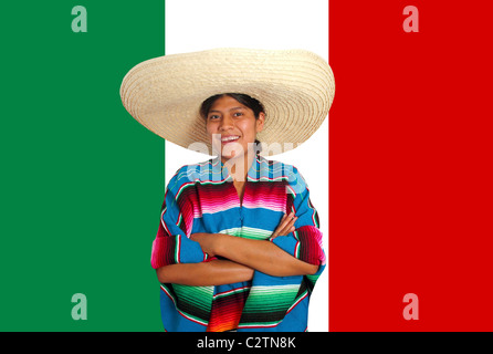 Portrait Of Young Woman With Sombrero, Flag Of Mexico And Tortilla 