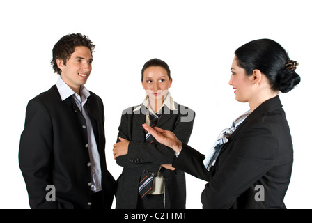 Business people have a meeting and the manager woman present something to her colleagues or invite them somewhere isolated Stock Photo