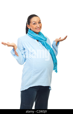 Wonder pregnant woman standing with palms open and smiling isolated on white background Stock Photo