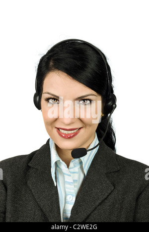 Portrait of beautiful helpdesk or support operator woman answering at your questions Stock Photo