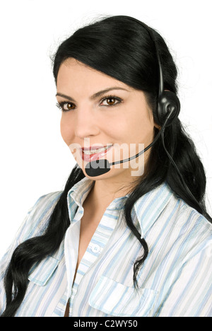 Call center operator beautiful woman with headset ready to help you Stock Photo