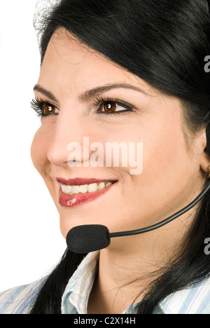 Close up of attractive woman face working like costumer service agent or helpdesk looking away Stock Photo