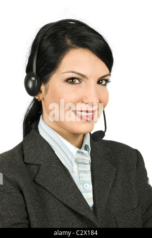 Portrait of nice costumer support operator woman smiling and ready to help you Stock Photo